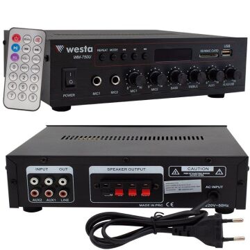 Westa WM-750U 80 Watt 100V-70V Mini 4-16 Ohm USB-SD-Bluetooth 2 Mikrofon Girişli Trafolu Anfi