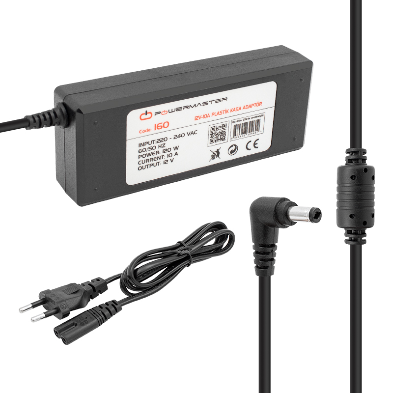 Powermaster PM-160 12 Volt - 10 Amper - 120 Watt 5.5*2.5 Mm L Uçlu Plastik Kasa Masaüstü Adaptör