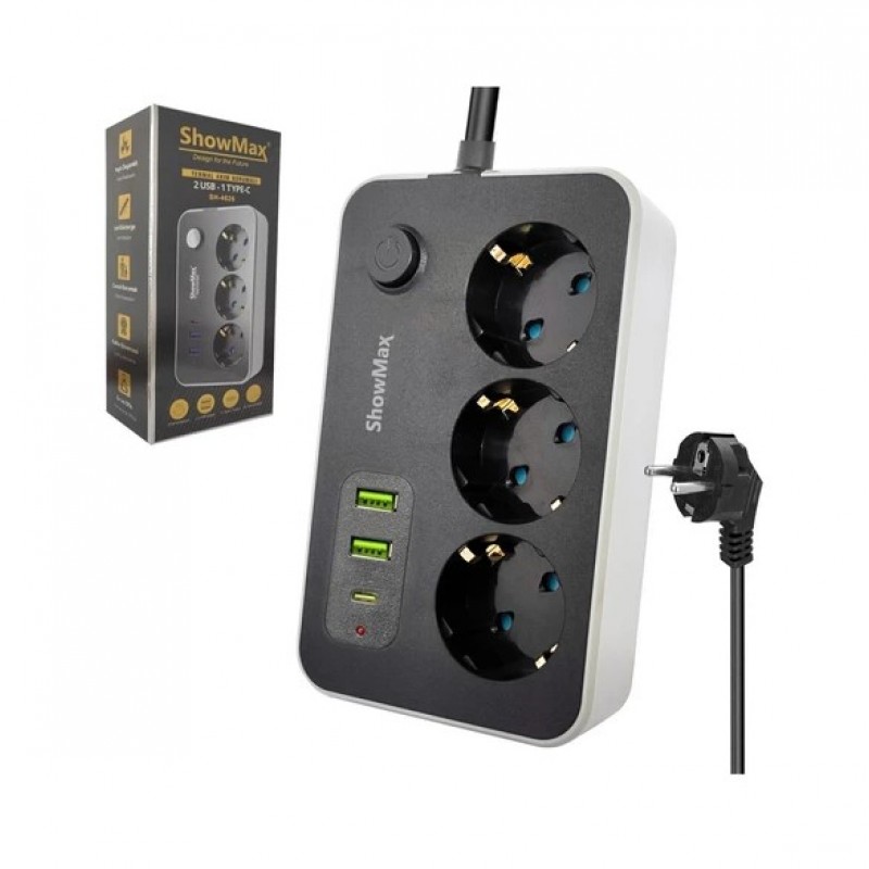 SHOWMAX SH-4626 TERMAL AKIM KORUMALI PRİZ 3 PRİZ+2 USB+1 TYPE-C GİRİŞ