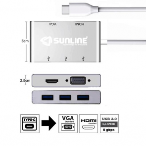 Sunline 170694 USB C Type C-USB 3.0 Hub /HDMI/VGA